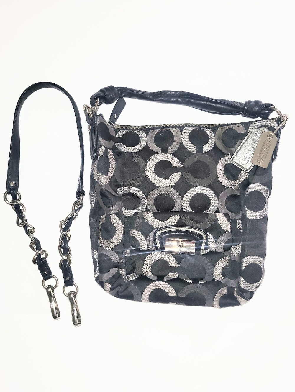 NWOT Coach Kristin Hobo Bag C Logo Black Handbag OpArt Fabric Sateen Purse 15354